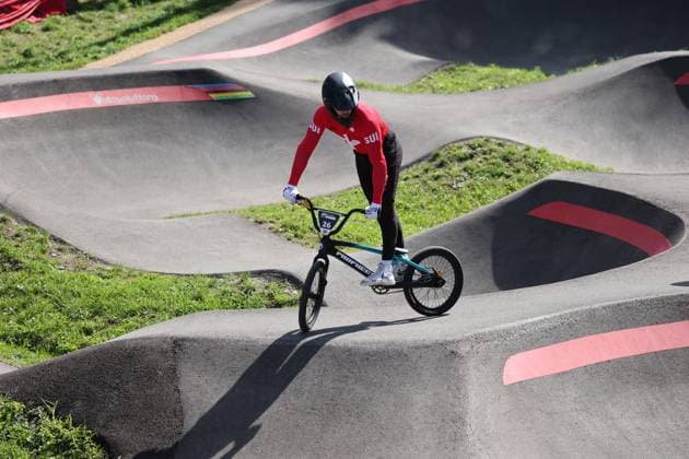 03 09 2025, Monthey, Monthey, 2025 UCI Mountain Bike World Championships, Sirio Grünig (SUI) during free training of the Pump Track Monthey Monthey Valais Switzerland Copyright: xJustPictures.ch FrancescoxMinghettix jp-en-FrMi-MNG_6961