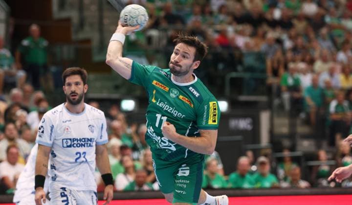 Leipzig, 04.09.2025, Arena Leipzig, Handball, Bundesliga, 2.Spieltag , SC DHfK Leipzig vs. TBV Lemgo , Im Bild; Lukas Binder (11, Leipzig). , Nur zur redaktionellen Nutzung. Only editorial use. , DHB HBL regulations prohibit any use of photographs as image sequences and or quasi-video. ,