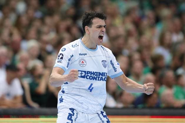 04.09.2025, xtgx, Handball, Daikin HBL, SC DHfK Leipzig - TBV Lemgo Lippe v.l. Samuel Zehnder (Lemgo, 4) Jubel, Torjubel, jubelt ueber das Tor, celebrate the goal, celebration Leipzig