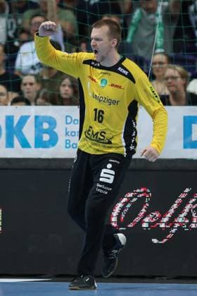 04.09.2025, xtgx, Handball, Daikin HBL, SC DHfK Leipzig - TBV Lemgo Lippe v.l. Tomas Mrkva (Leipzig, 16) Jubelt ueber gehaltenen Ball, abgewehrt, gehalten, Torhueter Leipzig