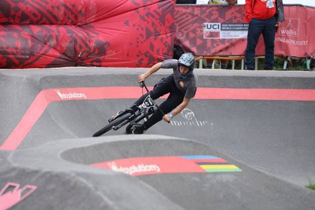 04 09 2025, Monthey, Monthey, 2025 UCI Mountain Bike World Championships, Luca Eckhardt (GER) during his seeding run at the Pump Track competition Monthey Monthey Valais Switzerland Copyright: xJustPictures.ch FrancescoxMinghettix jp-en-FrMi-MNG_1279
