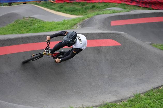 04 09 2025, Monthey, Monthey, 2025 UCI Mountain Bike World Championships, Fritz Rose (GER) during his seeding run at the Pump Track competition Monthey Monthey Valais Switzerland Copyright: xJustPictures.ch FrancescoxMinghettix jp-en-FrMi-MNG_1180
