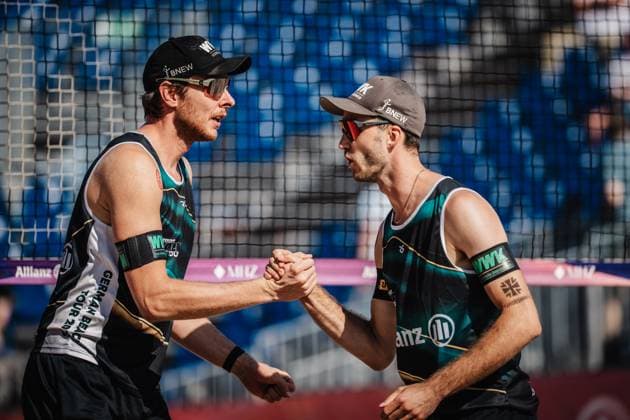 Beachvolleyball Frauen Deutsche Meisterschaften 2025 Timmendorfer Strand 04.09.2025 v.l. Nils Ehlers und Clemens Wickler Timmendorfer Strand Ahmann-Hager-Arena Schleswig-Holstein Deutschland