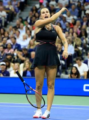 Aryna Sabalenka of Belarus throws her racquet in frustration after losing a point in the 3rd set to Jessica Pegula in a Women s semifinal match at the 2025 US Open Tennis Championship at the USTA Billie Jean King National Tennis Center in New York City on Thursday, September 4, 2025.  NYP20250904827 JOHNxANGELILLO