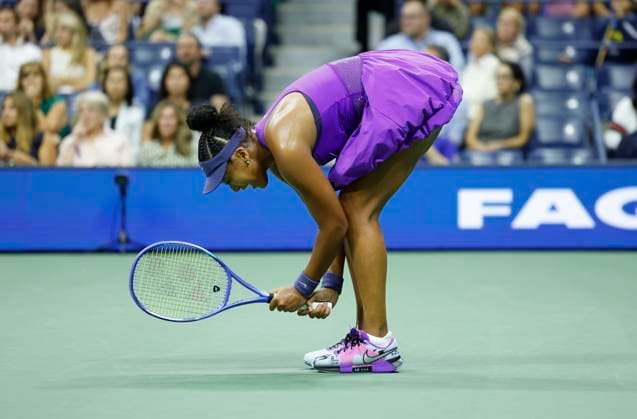 Naomi Osaka of Japan reacts after losing a point to Amanda Anisimova in the 2nd set in a Women s semifinal match at the 2025 US Open Tennis Championship at the USTA Billie Jean King National Tennis Center in New York City on Thursday, September 4, 2025.  NYP20250904926 JOHNxANGELILLO