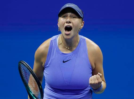 Amanda Anisimova reacts after defeating Naomi Osaka of Japan in a Women s semifinal match at the 2025 US Open Tennis Championship at the USTA Billie Jean King National Tennis Center in New York City on Thursday, September 4, 2025. Anisimova won the match 6-7, 7-6, 6-3 and will face Aryna Sabalenka of Belarus in the finals on Saturday.  NYP20250904931 JOHNxANGELILLO