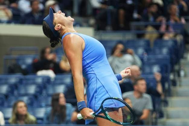 (250905) -- NEW YORK, Sept. 5, 2025 -- Amanda Anisimova celebrates winning the women s singles semifinal match between Amanda Anisimova of the United States and Osaka Naomi of Japan at the 2025 US Open tennis championships in New York, the United States, Sept. 5, 2025. ) (SP)U.S.-NEW YORK-TENNIS-US OPEN-WOMEN S SINGLES-SEMIFINALS WuxXiaoling 