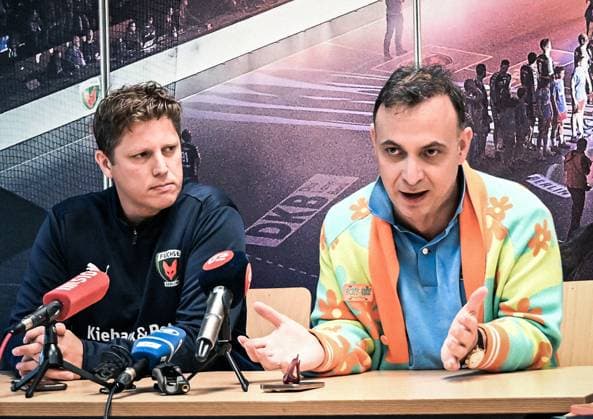 05.09.2025, xlakx, Handball Daikin HBL,Pressekonferenz Fuechse Berlin v.l. Pressegespraech mit Fuechse-Geschaeftsfuehrer Bob Hanning und dem neuen Trainer Nicolej Kricka Berlin