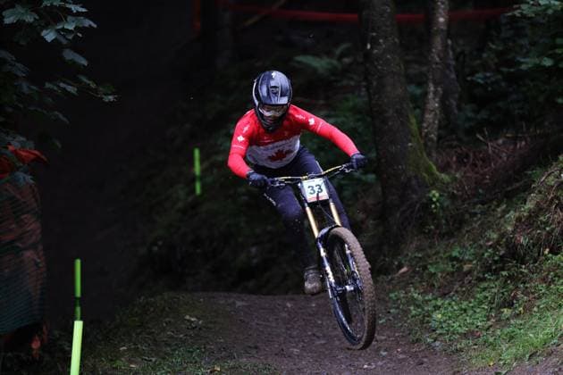 2025 UCI Mountain Bike World Championships Picture by Ed Sykes SWpix.com - 05 09 2025 - Cycling - 2025 UCI Mountain Bike World Championships - Downhill - ChampÃ ry, Valais, Switzerland - Men Junior Downhill - Qualification - Mateo Quist (Canada) Copyright: x xSWpix.comx(t axPhotographyxHubxLtd)xEdxSykes SWpix.comx SWP-3030-1674