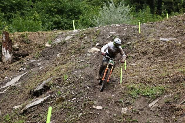 05 09 2025, ChampÃ ry, ChampÃ ry 2025 UCI Mountain Bike World Championships, Maksimilijonas Saudargas (LTU) during the Junior Men s Downhill qualification ChampÃ ry Grand Paradis Valais Switzerland Copyright: xJustPictures.ch FrancescoxMinghettix jp-en-FrMi-MNG_2563