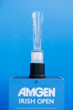 5th September 2025; The K Club, Straffan, County Kildare, Ireland: Amgen Irish Open Golf Second Round; The Amgen Irish Open trophy on display on the 1st hole  PeterxFitzpatrick