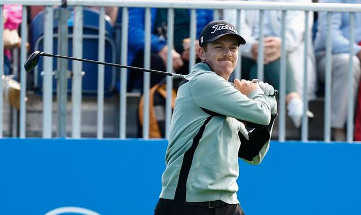 5th September 2025; The K Club, Straffan, County Kildare, Ireland: Amgen Irish Open Golf Second Round; Daniel Hillier of New Zealand watches his tee shot on the 1st hole  PeterxFitzpatrick