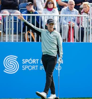 5th September 2025; The K Club, Straffan, County Kildare, Ireland: Amgen Irish Open Golf Second Round; Daniel Hillier of New Zealand indicates his tee shot has gone to the right on the 1st hole  PeterxFitzpatrick