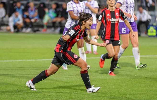 DEU, Frankfurt, Eintracht Frankfurt vs SGS Essen, Google Pixel Frauen Bundesliga DFB, Saison 2526, Stadion am Bretanobad, 1. Spieltag, im Bild: Remina Chiba (Eintracht Frankfurt 15) erzielt per Elfmeter das Tor zum 5:0, Jubel DFB DFL REGULATIONS PROHIBIT ANY USE OF PHOTOGRAPHS AS IMAGE SEQUENCES AND OR QUASI-VIDEO, 05.09.2025, Copyright: HMBxMedia HendrikxHamelau