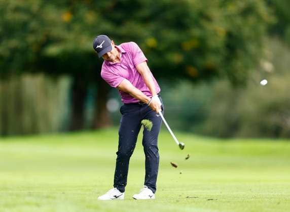 5th September 2025; The K Club, Straffan, County Kildare, Ireland: Amgen Irish Open Golf Second Round; Adrien Saddier of France hits his second shot from the 16th fairway  PeterxFitzpatrick