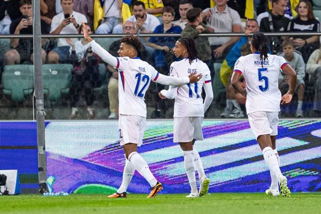 WROCLAW 05.09.2025 MECZ GRUPA D ELIMINACJE DO MISTRZOSTW SWIATA 2026: UKRAINA - FRANCJA --- FIFA World Cup, WM, Weltmeisterschaft, Fussball 2026 QUALIFYING ROUND GROUP D MATCH: UKRAINE - FRANCE nz MICHAEL OLISE GOL GOAL CIESZYNKA RADOSC DESIRE DOUE JULES KOUNDE FOT. ERNEST KOLODZIEJ 400mm.pl NEWSPIX.PL --- newspix.pl 