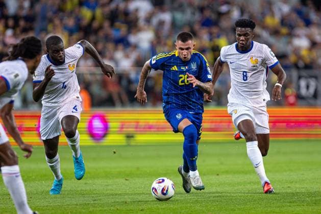 WROCLAW 05.09.2025 MECZ GRUPA D ELIMINACJE DO MISTRZOSTW SWIATA 2026: UKRAINA - FRANCJA --- FIFA World Cup, WM, Weltmeisterschaft, Fussball 2026 QUALIFYING ROUND GROUP D MATCH: UKRAINE - FRANCE nz DAYOT UPAMECANO OLEKSANDR ZUBKOV AURELIEN TCHOUAMENI FOT. ERNEST KOLODZIEJ 400mm.pl NEWSPIX.PL --- newspix.pl 