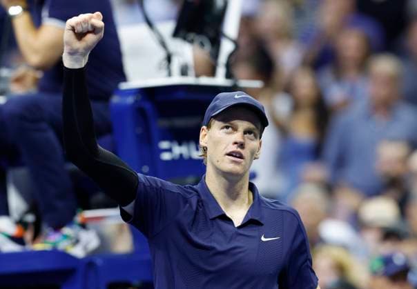 Jannik Sinner of Italy celebrates after defeating Felix Auger-Aliassime of Canada in their Men s semifinal match at the 2025 US Open Tennis Championship at the USTA Billie Jean King National Tennis Center in New York City on Friday, September 5, 2025. Sinner won the match 6-1, 3-6, 6-3, 6-4 and will face Carlos Alcaraz of Spain in the finals on Sunday.  NYP20250905829 JOHNxANGELILLO