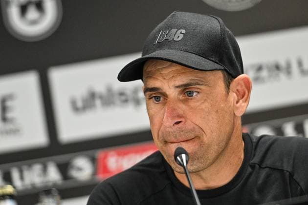 GER, 3. Liga, SSV Ulm 1846 vs SV Waldhof Mannheim 31.08.2025, Donaustadion, Ulm, GER, 3. Liga, SSV Ulm 1846 vs SV Waldhof Mannheim, im Bild Robert Lechleiter (SSV Ulm), Pressekonferenz nach Spielende