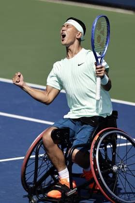 Tennis: U.S. Open Tokito Oda of Japan reacts after beating Martin De La Puente of Spain in the men s wheelchair singles semifinals at the U.S. Open tennis tournament in New York on Sept. 5, 2025.  A14AA0004824787P
