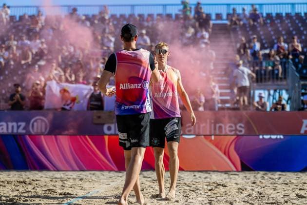 Beachvolleyball I Deutsche Meisterschaften 2025 I Timmendorfer Strand I Tag 3 I 06.09.2025 Robin Sowa (FC St. Pauli) und Jonas Reinhardt (Beach Verein Mainz e.V.) Timmendorfer Strand Schleswig-Holstein Deutschland Copyright: xLobeca JasperxLorenzx