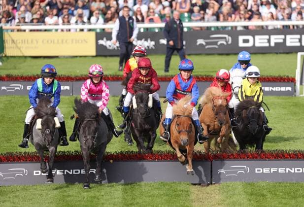 Fun times as the Shetland Pony Grand National gets underway in the main arena at The Defender Burghley Horse trials in Stamford, Lincolnshire, on 6th September, 2025. 