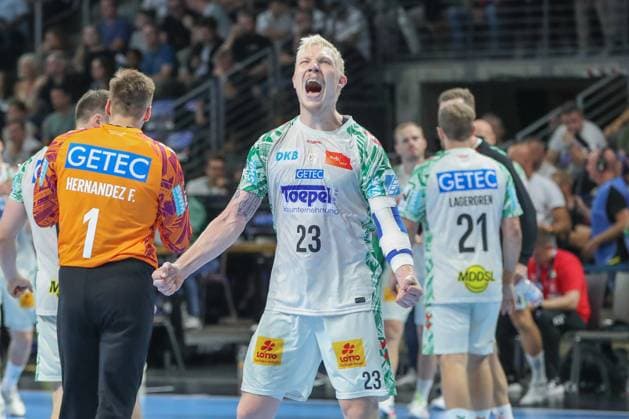 06.09.2025, xgox, Handball - Daikin HBL, Fuechse Berlin - SC Magdeburg emspor, v.l. Magnus Saugstrup (Magdeburg, 23) Jubel, Torjubel, jubelt ueber das Tor, celebrate the goal, celebration Berlin