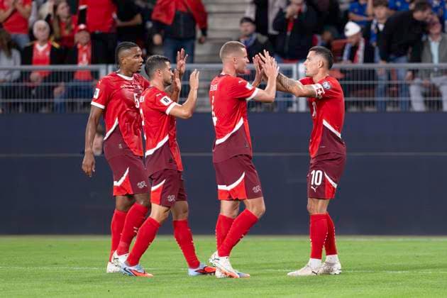 V.l.n.r. Manuel Akanji, Remo Freuler, Nico Elvedi, Granit Xhaka, SUI, Schweiz - Kosovo, WM Qualifikation, Nationalmannschaft, Fussball, 05.09.2025 *** From left to right Manuel Akanji, Remo Freuler, Nico Elvedi, Granit Xhaka, SUI, Switzerland Kosovo, World Cup qualification, national team, football, 05 09 2025 