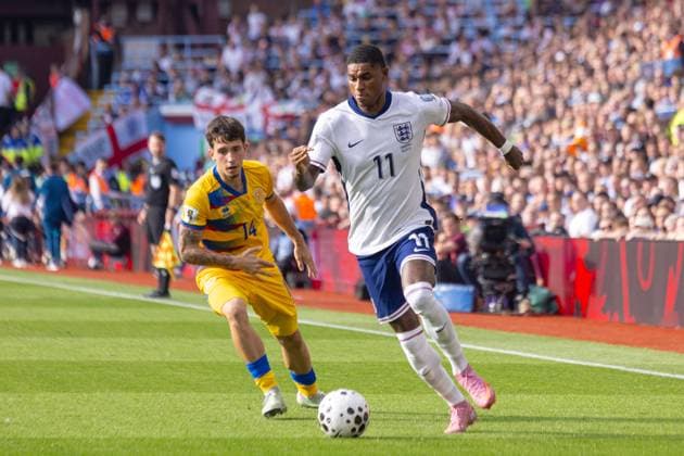 Football - FIFA World Cup, WM, Weltmeisterschaft, Fussball 2026 Qualifying - Group K - England v Andorra BIRMINGHAM, ENGLAND - Friday, September 5, 2025: England s Marcus Rashford and Andorra s Aron Rodrigo during the FIFA World Cup 2026 Qualifying Group K match between England and Andorra at Villa Park. (Photo by David Rawcliffe Propaganda) BIRMINGHAM Villa Park WEST MIDLANDS ENGLAND  Copyright: xDavidxRawcliffex P2025-09-06-England_Andorra-25