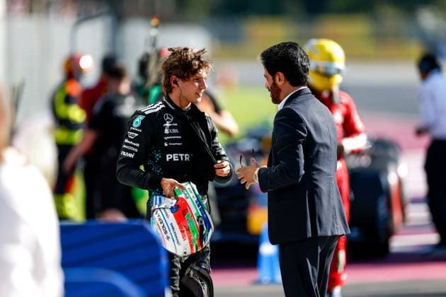 12 Andrea Kimi Antonelli (ITA, Mercedes-AMG Petronas F1 Team), Mohammed Ben Sulayem (UAE, FIA President), F1 Grand Prix of Italy at Autodromo Nazionale Monza on September 6, 2025 in Monza, Italy. (Photo by HOCH ZWEI) Monza Italy