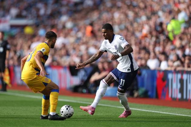 6th September 2025; Villa Park, Birmingham, West Midlands, England; FIFA World Cup, WM, Weltmeisterschaft, Fussball Qualifying Group K International Football, England versus Andorra; Marcus Rashford of England takes on Biel Borra of Andorra  JohnxPatrickxFletcher