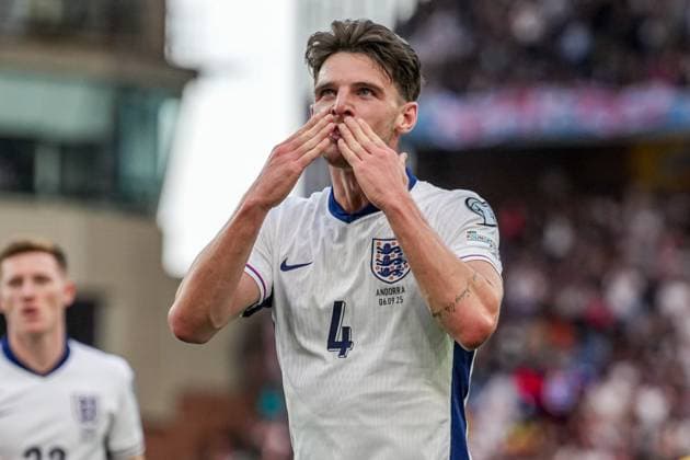 GOAL - Midfielder Declan Rice of Arsenal (4) playing for the England national team, Nationalteam celebrates after he scores his team™s second goal during the Group K World Cup Qualifier match between England and Andorra at Villa Park, Birmingham, England on 6 September 2025.  Copyright: xDavidxHornx PMI-6989-0030
