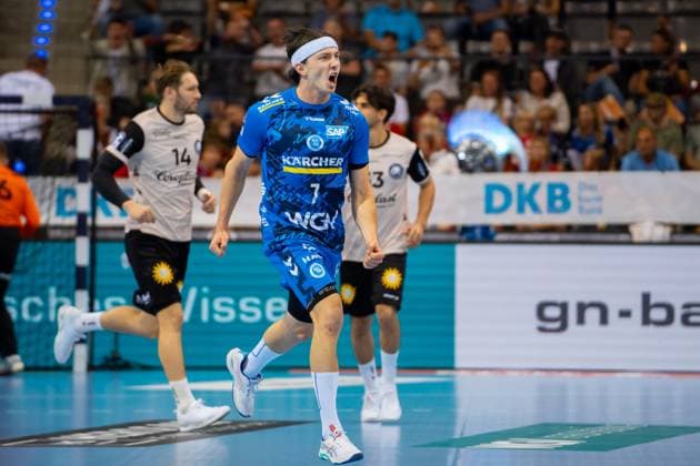 Handball I Herren I Saison 2025-2026 I Bundesliga I 3. Spieltag I TVB Stuttgart - Bergischer HC I 06.09.2025 Kasper Thorsen Lien (7, TVB Stuttgart) jubelt Stuttgart Porsche Arena Baden-Württemberg Deutschland Copyright: xLobeca MaxxPetershansx