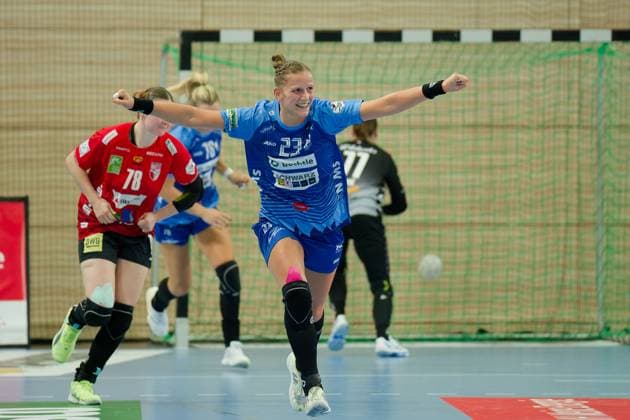 Munia Smits (Neckarsulm, 23), Jubel, SV Union Halle-Neustadt vs. Union Neckarsulm, Handball Bundesliga Frauen, Saison 2025 26, 2. Spieltag, 06.09.2025 Halle SWH Arena Sachsen-Anhalt Deutschland