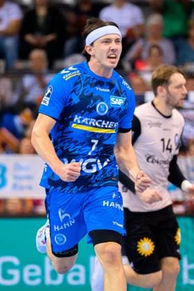 Stuttgart, Handball Bundesliga: HBL - 25 26 - TVB Stuttgart - Bergischer HC Kasper Thorsen Lien (Stuttgart) Jubel Freude Emotion Torjubel Torschuetze Torschütze Stuttgart Porsche Arena Baden-Württemberg Deutschland