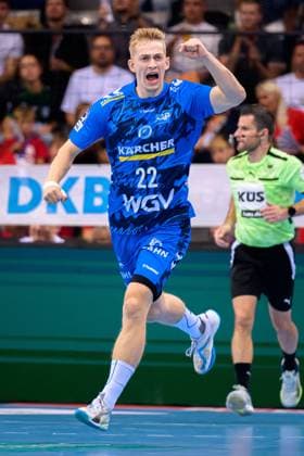 Stuttgart, Handball Bundesliga: HBL - 25 26 - TVB Stuttgart - Bergischer HC Torben Matzken (Stuttgart) Jubel Freude Emotion Torjubel Torschuetze Torschütze Stuttgart Porsche Arena Baden-Württemberg Deutschland