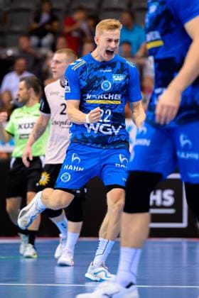 Stuttgart, Handball Bundesliga: HBL - 25 26 - TVB Stuttgart - Bergischer HC Torben Matzken (Stuttgart) Jubel Freude Emotion Stuttgart Porsche Arena Baden-Württemberg Deutschland