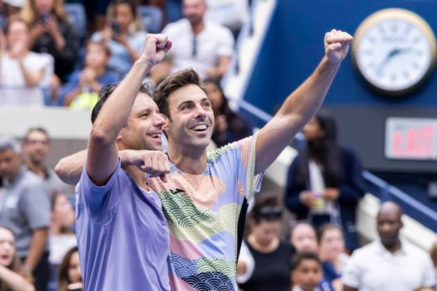 Marcel Granollers of Spain (R) and Horacio Zeballos of Argentina celebrate after beating Joe Salisbury and Neal Skupski, both of Great Britain, in the Men s Doubles final at the 2025 US Open Tennis Championship at the USTA Billie Jean King National Tennis Center in New York City on Saturday, September 6, 2025. Granollers and Zeballos won 3-6, 7-4, 7-5.  NYP20250906802 COREYxSIPKIN