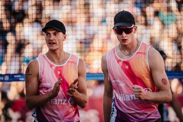 Beachvolleyball Männer Deutsche Meisterschaften 2025 Timmendorfer Strand 06.09.2025 v.l. Max Just und Philipp Huster Timmendorfer Strand Ahmann-Hager-Arena Schleswig-Holstein Deutschland
