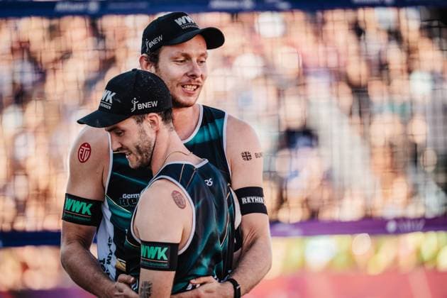 Beachvolleyball Männer Deutsche Meisterschaften 2025 Timmendorfer Strand 06.09.2025 hinten Nils Ehlers vorne Clemens Wickler Timmendorfer Strand Ahmann-Hager-Arena Schleswig-Holstein Deutschland