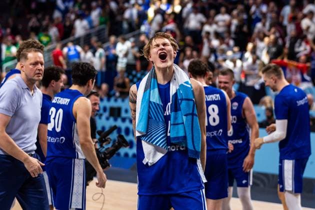 FIN, Eurobasket 205, Basketball Europameisterschaft, Achtelfinal, Serbien-Finnland 06.09.2025, Riga Arena, Riga, FIN, Eurobasket 205, Basketball Europameisterschaft, Achtelfinal, Serbien-Finnland Miikka Muurinen (Finnland, No 24) jubelt Â Foto Alexander Trienitz Riga Riga Arena Riga Lettland *** FIN, Eurobasket 205, European Basketball Championship, Round of 16, Serbia Finland 06 09 2025, Riga Arena, Riga, FIN, Eurobasket 205, European Basketball Championship, Round of 16, Serbia Finland Miikka Muurinen Finland, No 24 cheers Â Photo Alexander Trienitz Riga Riga Arena Riga Latvia