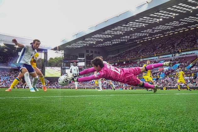 Goalkeeper Iker Alvarez of Cordoba CG (12) playing for the Andorra national team, Nationalteam makes a save during the Group K World Cup Qualifier match between England and Andorra at Villa Park, Birmingham, England on 6 September 2025.  Copyright: xDavidxHornx PMI-6989-0060