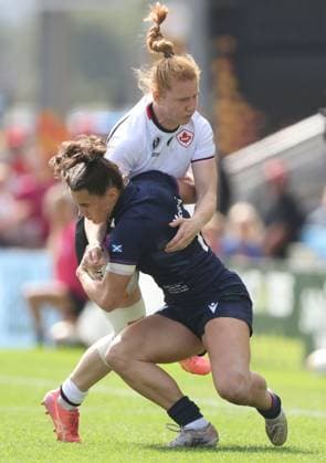 Helen Nelson of Scotland is tackled by Paige Farries of Canada Canada v Scotland, Women s Rugby World Cup, Group B, Rugby Union, Sandy Park, Exeter, UK - 06 Sept 2025Exeter Sandy Park United Kingdom EDITORIAL USE ONLY No use with unauthorised audio, video, data, fixture lists, club league logos or live services. Online in-match use limited to 120 images, no video emulation. No use in betting, games or single club league player publications. Copyright: xKieranxMcManus Shutterstockx 15471114ca