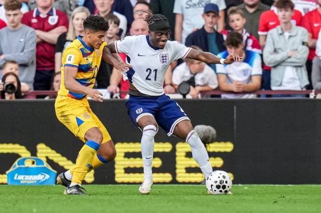 Forward Noni Madueke of Arsenal (21) playing for the England national team, Nationalteam (right) during the Group K World Cup Qualifier match between England and Andorra at Villa Park, Birmingham, England on 6 September 2025.  Copyright: xDavidxHornx PMI-6989-0086