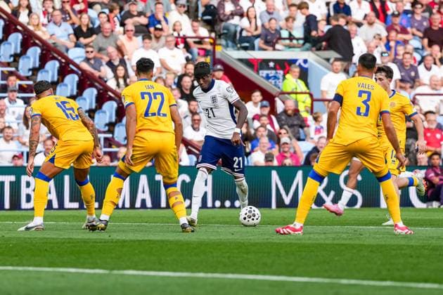 Forward Noni Madueke of Arsenal (21) playing for the England national team, Nationalteam (centre) during the Group K World Cup Qualifier match between England and Andorra at Villa Park, Birmingham, England on 6 September 2025.  Copyright: xDavidxHornx PMI-6989-0090