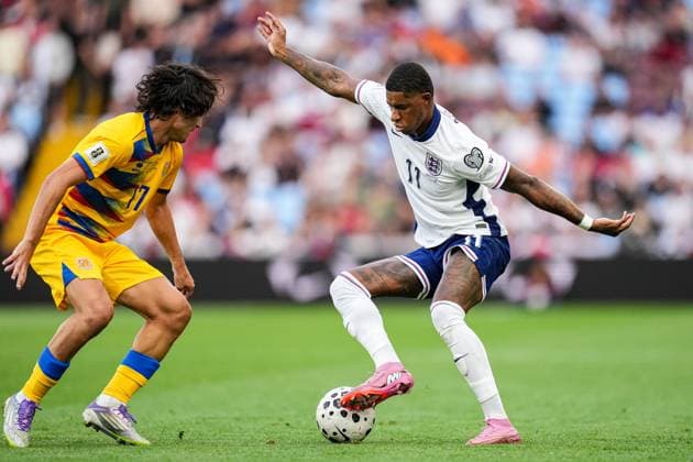 Defender Joan Cervos of CP San Cristobal (17) playing for the Andorra national team, Nationalteam and Forward Marcus Rashford of Barcelona on loan from Manchester United, ManU (11) playing for the England National Team during the Group K World Cup Qualifier match between England and Andorra at Villa Park, Birmingham, England on 6 September 2025.  Copyright: xDavidxHornx PMI-6989-0097