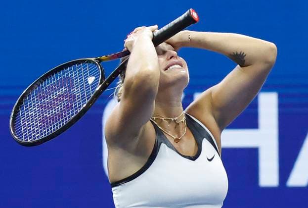 Aryna Sabalenka of Belarus celebrates after defeating Amanda Anisimova at the Women s Finals of the 2025 US Open Tennis Championship in Arthur Ashe Stadium at the USTA Billie Jean King National Tennis Center in Flushing Meadows, New York on Saturday, September 6, 2025. Sabalenka defeated Anisimova 6-3, 7-6 to win her second consecutive US Open Championship.  NYP20250906130 JOHNxANGELILLO