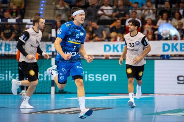 Handball I Herren I Saison 2025-2026 I Bundesliga I 3. Spieltag I TVB Stuttgart - Bergischer HC I 06.09.2025 Kasper Thorsen Lien (7, TVB Stuttgart) jubelt Stuttgart Porsche Arena Baden-Württemberg Deutschland Copyright: xLobeca MaxxPetershansx
