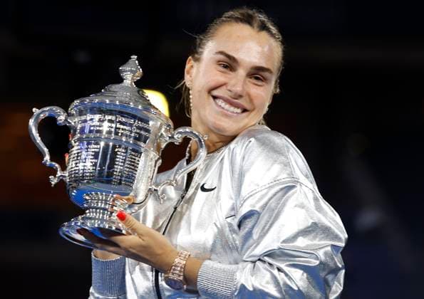 Aryna Sabalenka of Belarus holds her trophy after defeating Amanda Anisimova at the Women s Finals of the 2025 US Open Tennis Championship in Arthur Ashe Stadium at the USTA Billie Jean King National Tennis Center in Flushing Meadows, New York on Saturday, September 6, 2025. Sabalenka defeated Anisimova 6-3, 7-6 to win her second consecutive US Open Championship.  NYP20250906136 JOHNxANGELILLO