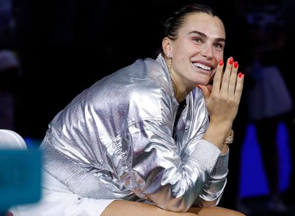 Aryna Sabalenka of Belarus smiles before being introduced after defeating Amanda Anisimova at the Women s Finals of the 2025 US Open Tennis Championship in Arthur Ashe Stadium at the USTA Billie Jean King National Tennis Center in Flushing Meadows, New York on Saturday, September 6, 2025. Sabalenka defeated Anisimova 6-3, 7-6 to win her second consecutive US Open Championship.  NYP20250906145 JOHNxANGELILLO
